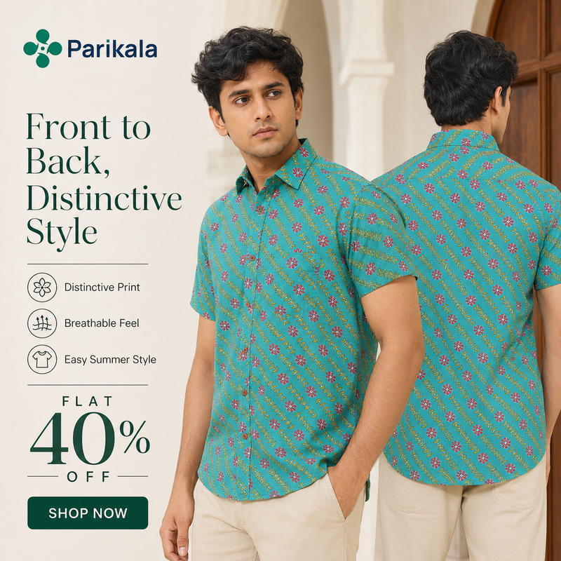 Aqua blue Short Sleeve Cotton Slim Hand Block Printed Men’s Shirt