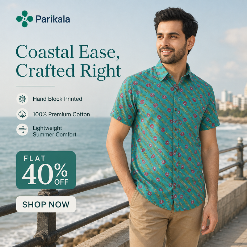 Aqua blue Short Sleeve Cotton Slim Hand Block Printed Men’s Shirt