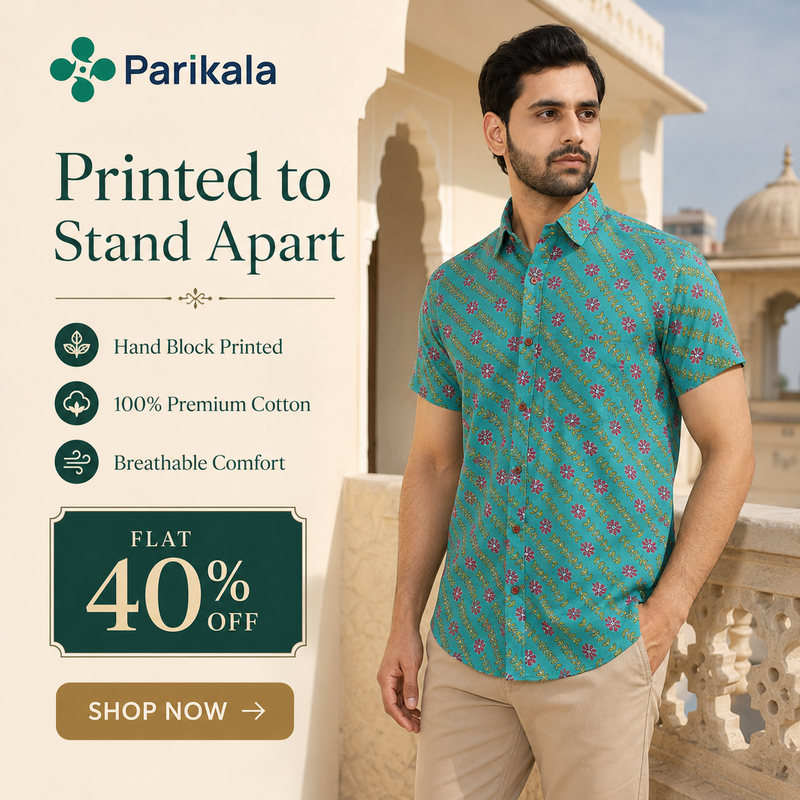 Aqua blue Short Sleeve Cotton Slim Hand Block Printed Men’s Shirt