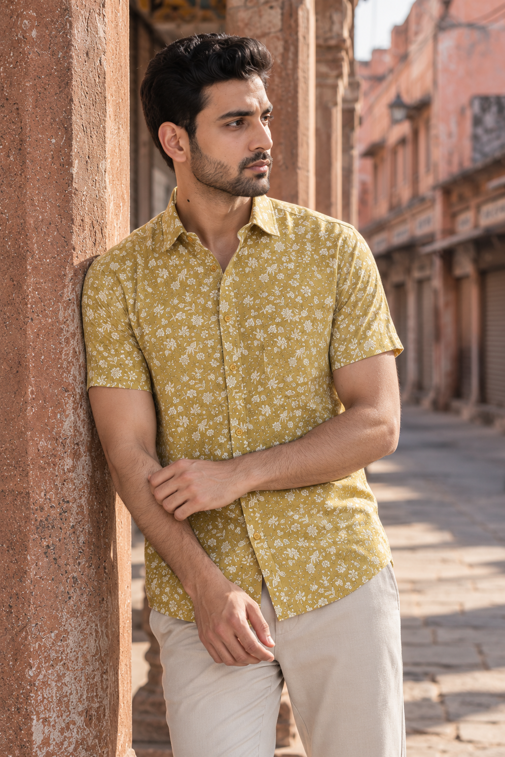 Pale yellow Short Sleeve Cotton Hand Block Printed Men’s Shirt