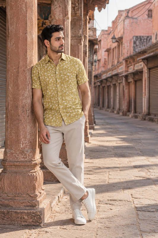 Pale yellow Short Sleeve Cotton Hand Block Printed Men’s Shirt