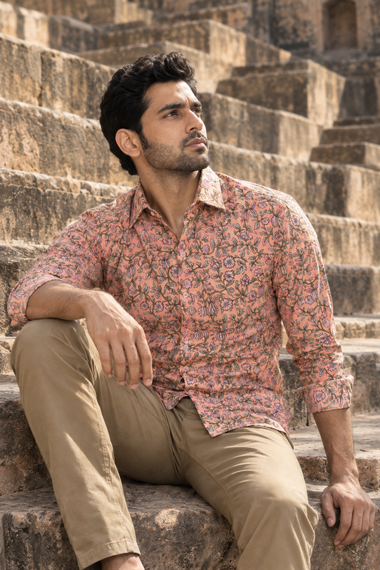 Peach Full Sleeve Cotton Hand Block Printed Men’s Shirt