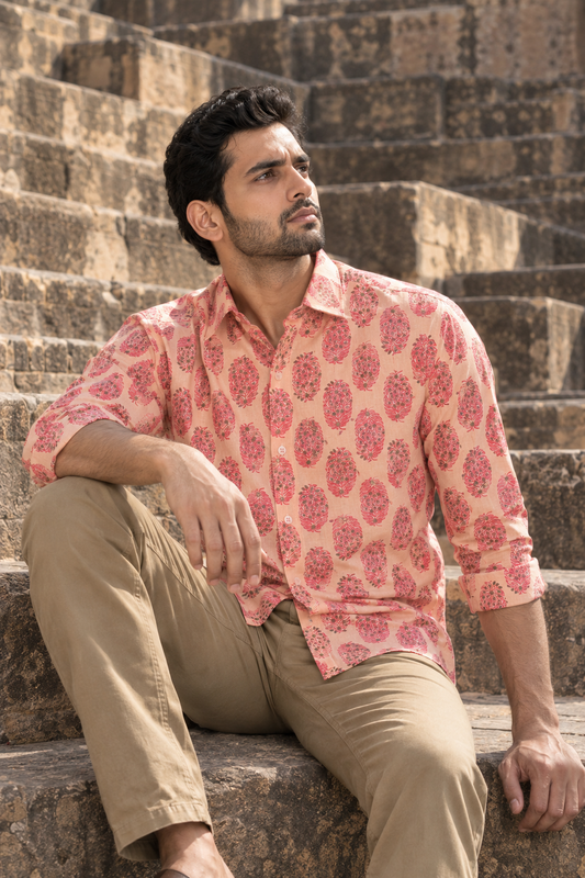 Peach Full Sleeve Printed Men's Cotton Shirt