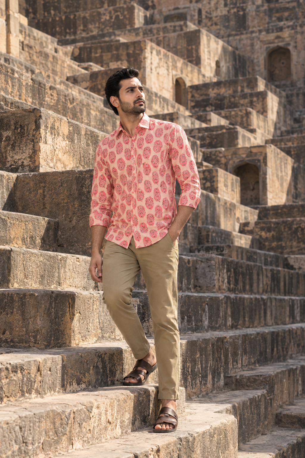 Peach Full Sleeve Printed Men's Cotton Shirt