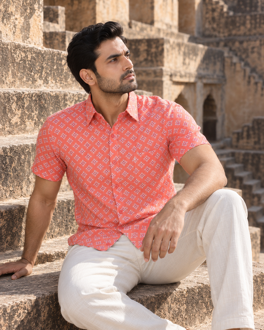 Peach Short Sleeve Cotton Hand Block Printed Men’s Shirt