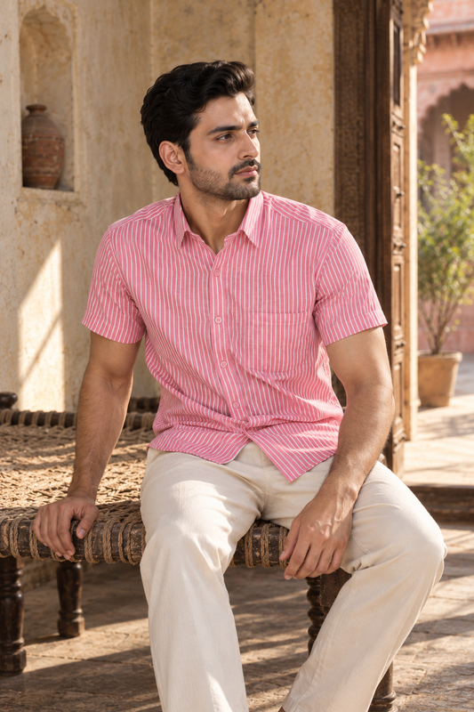 Pink Short Sleeve Cotton Hand Block Printed Men’s Shirt