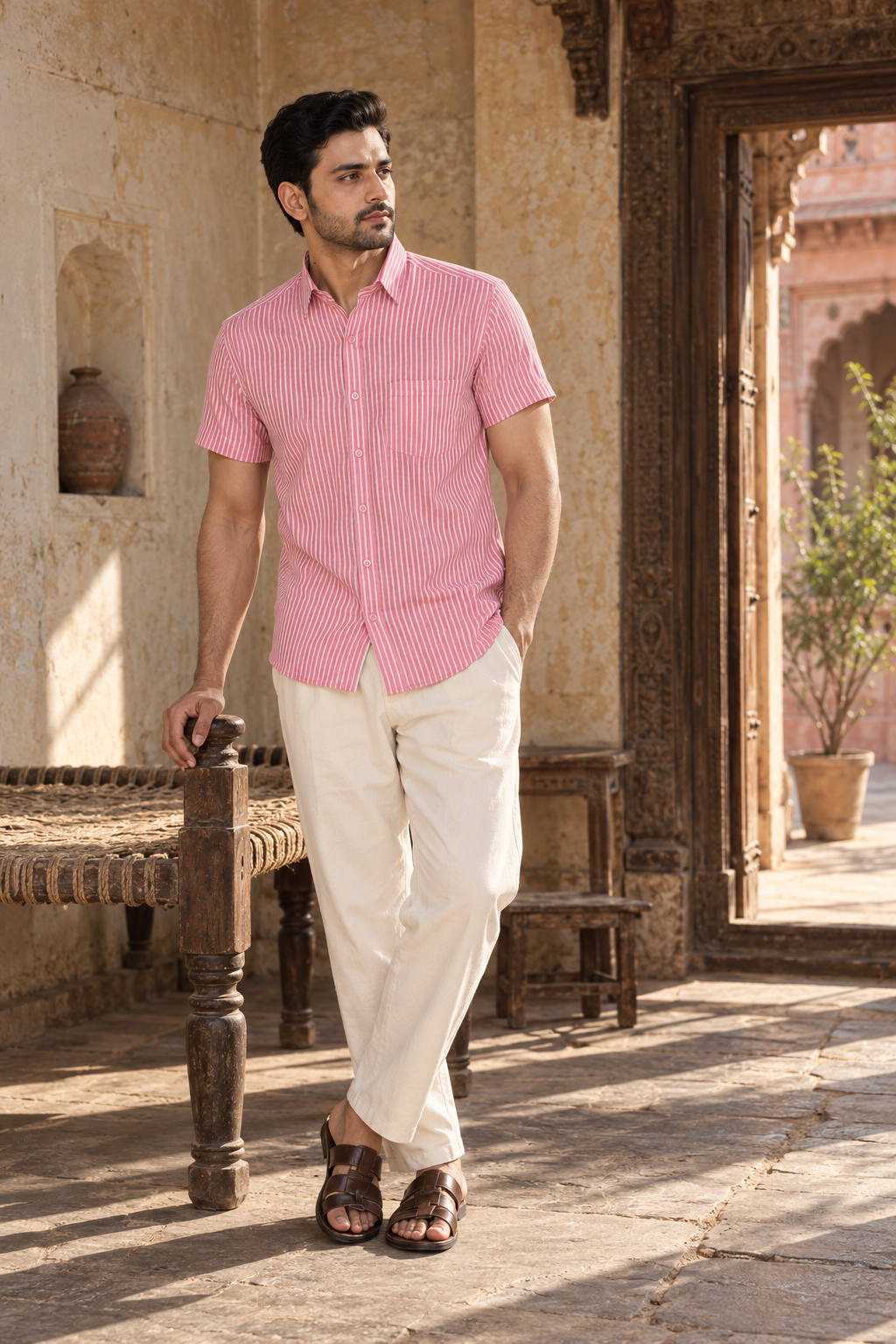 Pink Short Sleeve Cotton Hand Block Printed Men’s Shirt