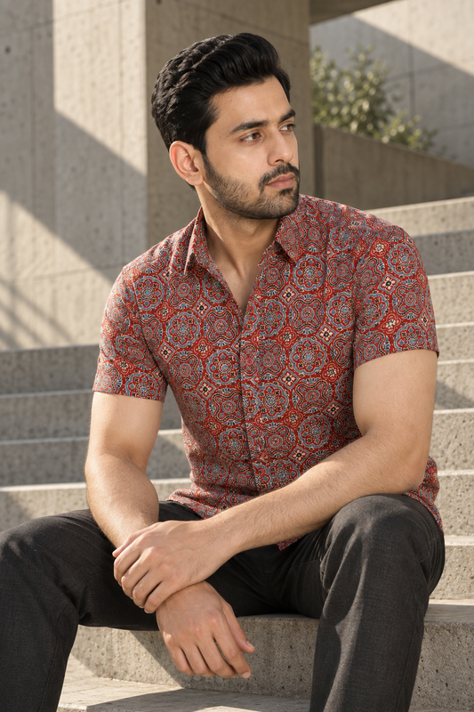 Red Cotton Short Sleeve Hand Block Printed Men's Shirt