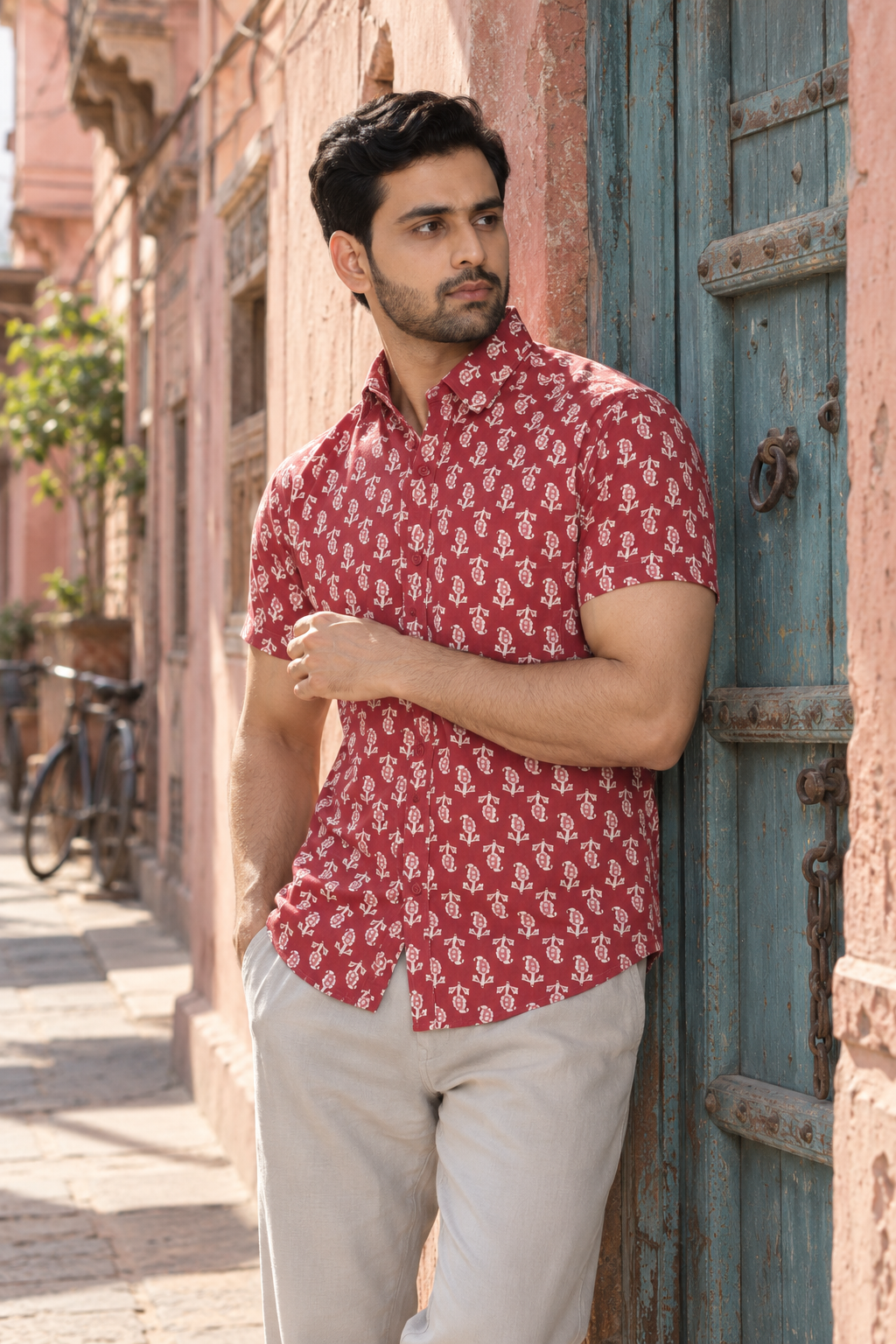 Red Short Sleeve Cotton Hand Block Printed Men’s Shirt