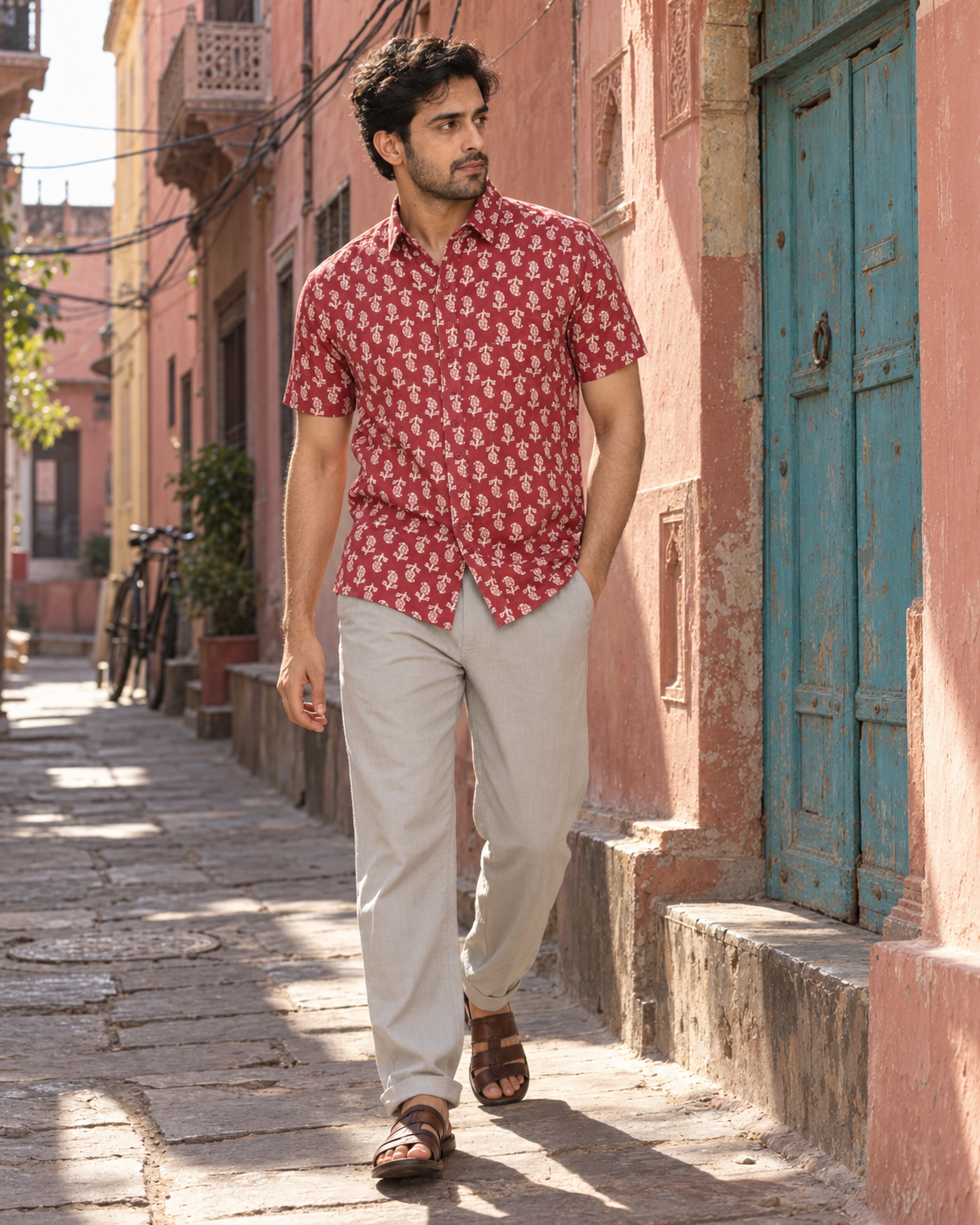 Red Short Sleeve Cotton Hand Block Printed Men’s Shirt