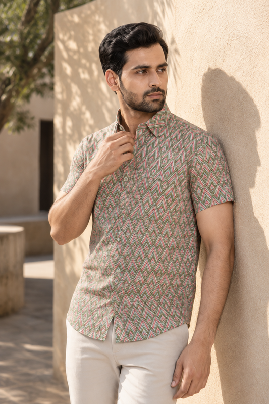 Short Sleeve Mix Cotton Slim Hand Block Printed Men’s Shirt