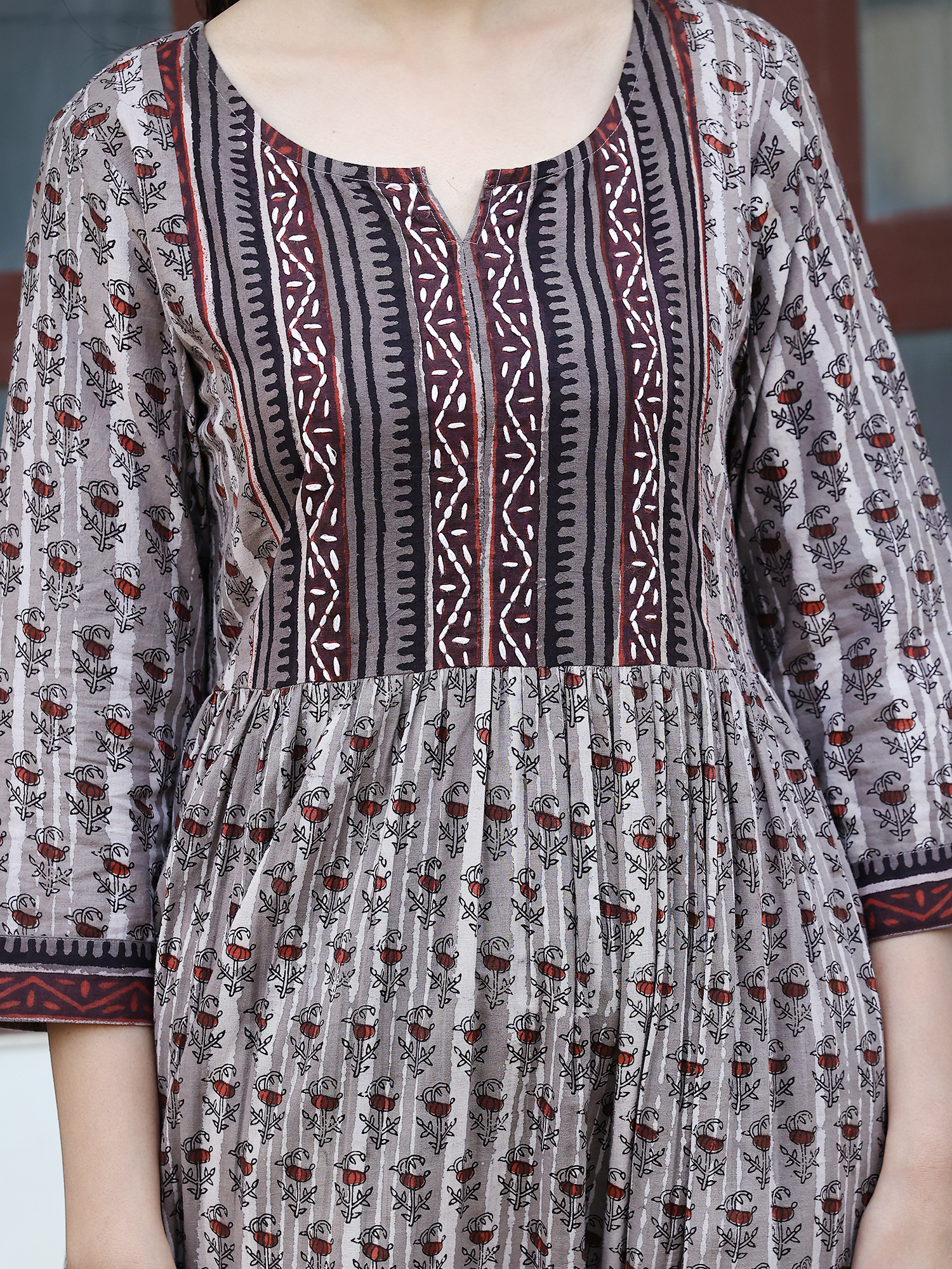 Beige Hand Block Printed A-Line Kurta Set with Thread Embroidery at Yoke