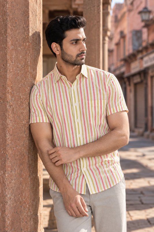 White Short Sleeve Cotton Hand Block Printed Men’s Shirt