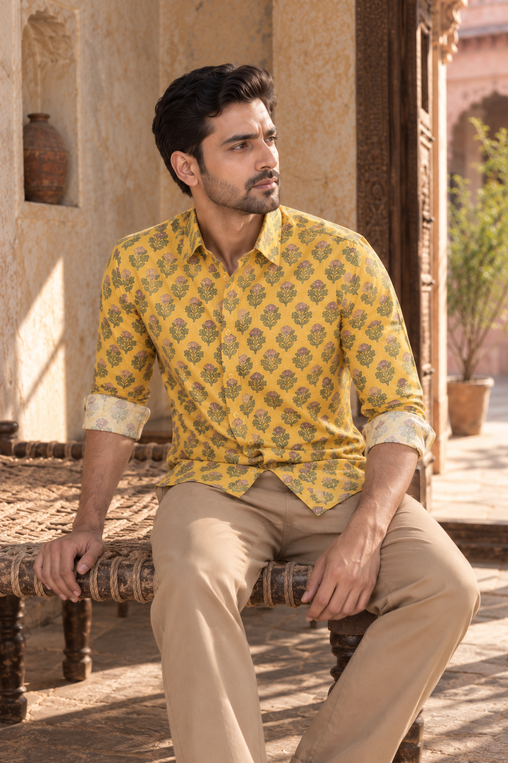 Yellow Full Sleeve Cotton Hand Block Printed Men’s Shirt