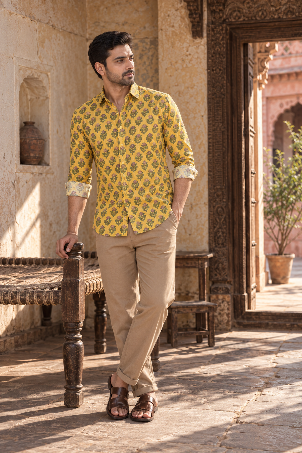 Yellow Full Sleeve Cotton Hand Block Printed Men’s Shirt