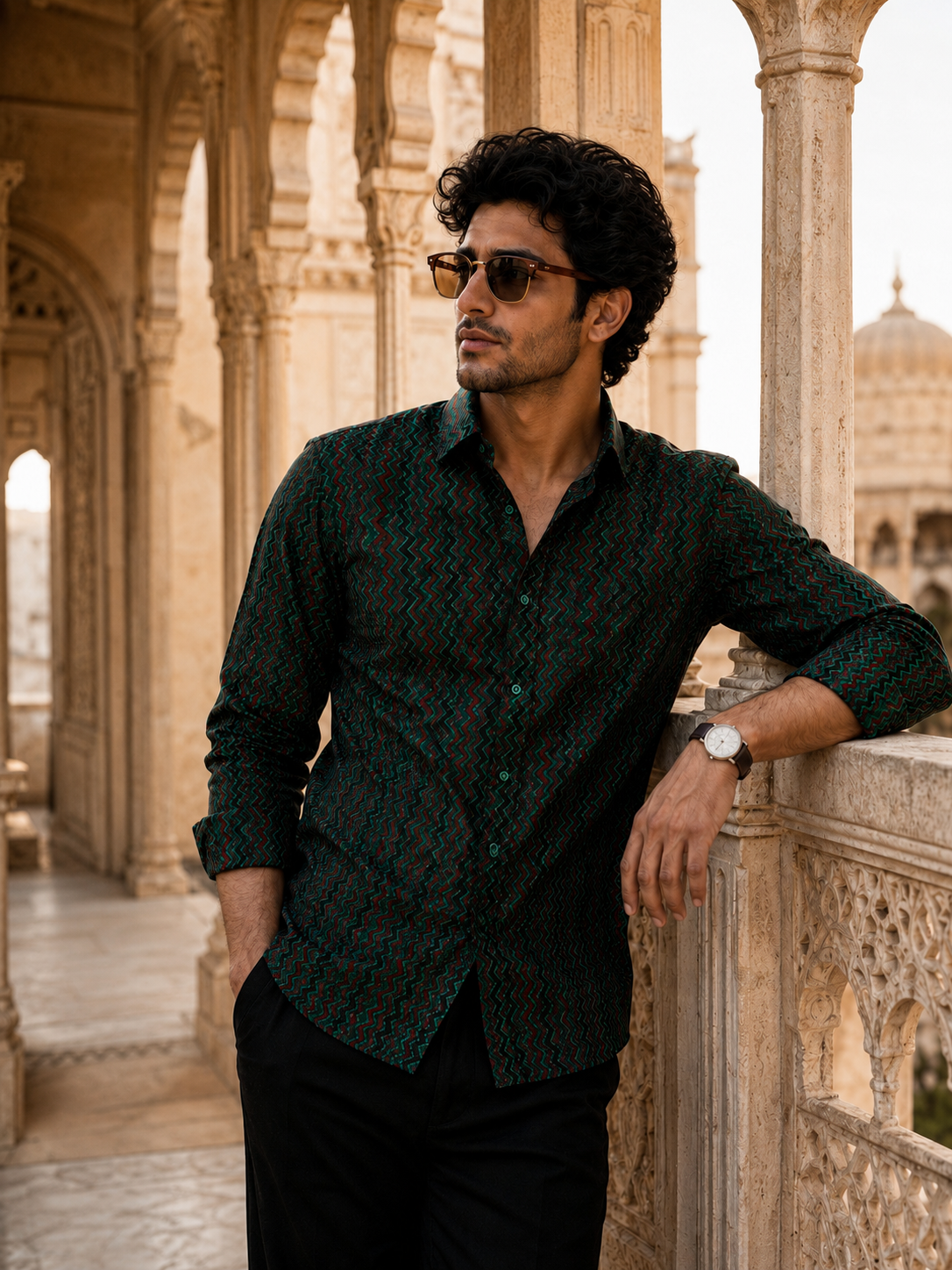 Green Cotton Hand Block Printed Men's Shirt