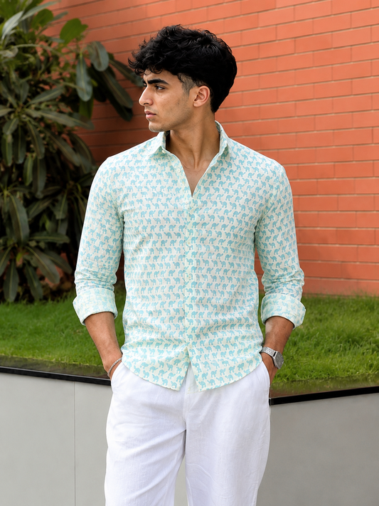 Full Sleeve Hand Block Camel Printed Mens Cotton Shirt (Light Blue)