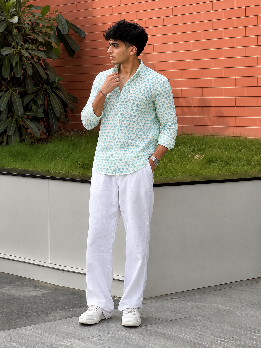 Full Sleeve Hand Block Camel Printed Mens Cotton Shirt (Light Blue)