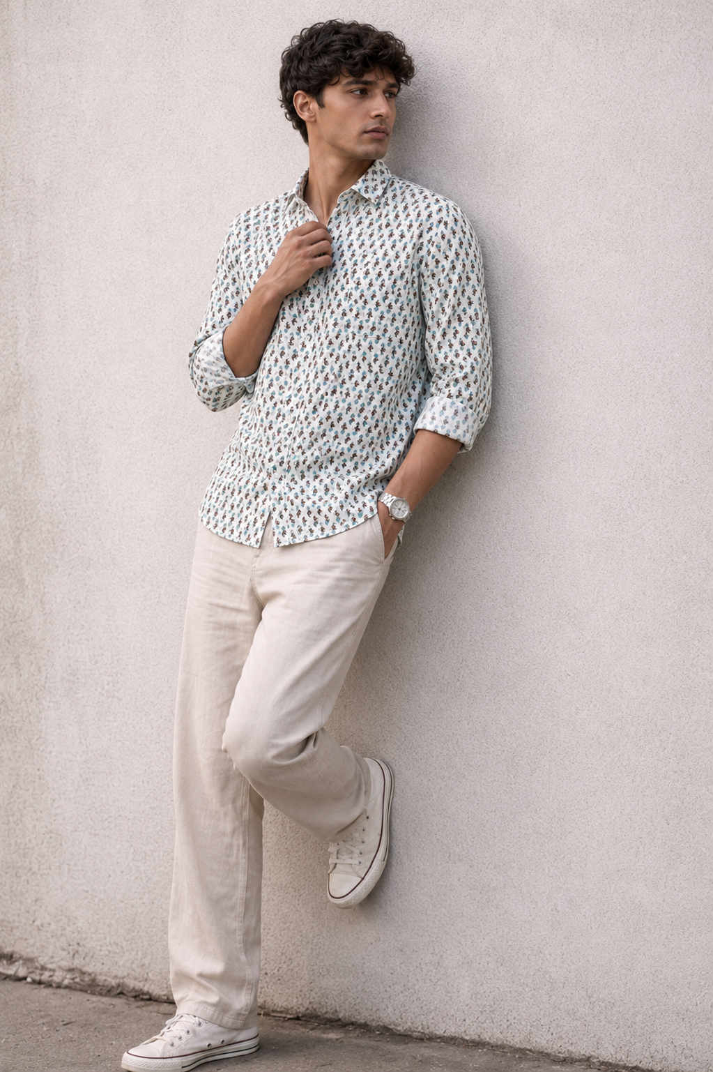 Full Sleeve Hand Block Motif Printed Mens Shirt (White)