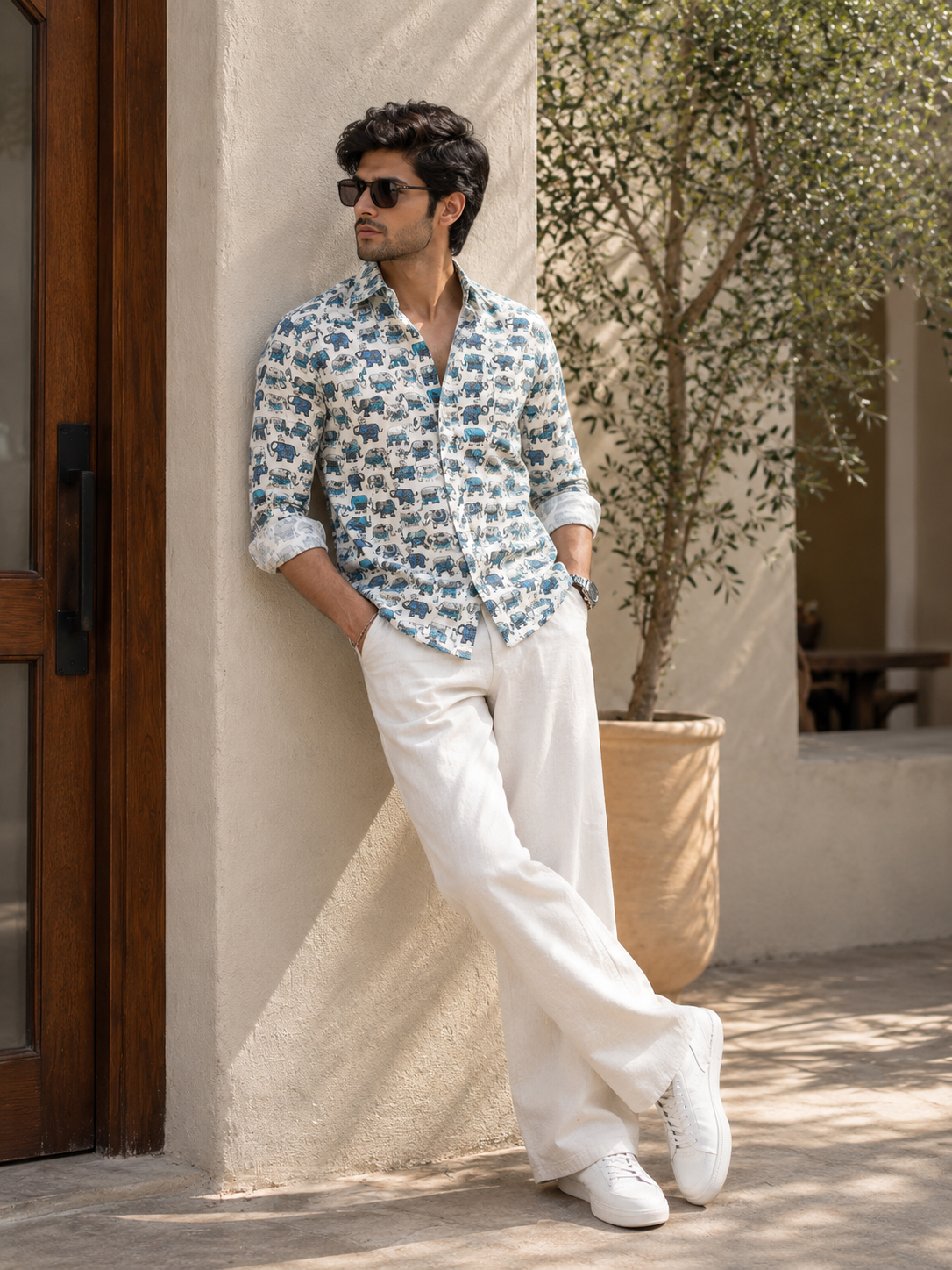 Full Sleeve Hand Block  Elephant Printed Mens Cotton Shirt (Blue)