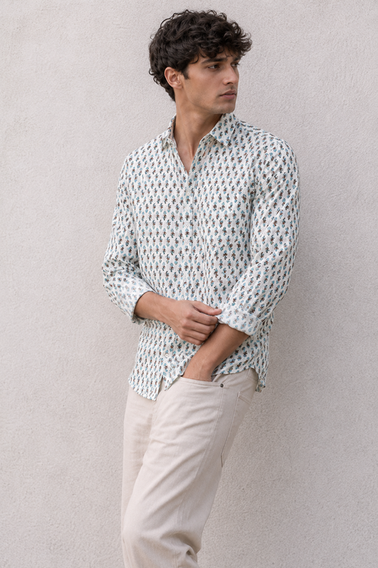 Full Sleeve Hand Block Motif Printed Mens Shirt (White)