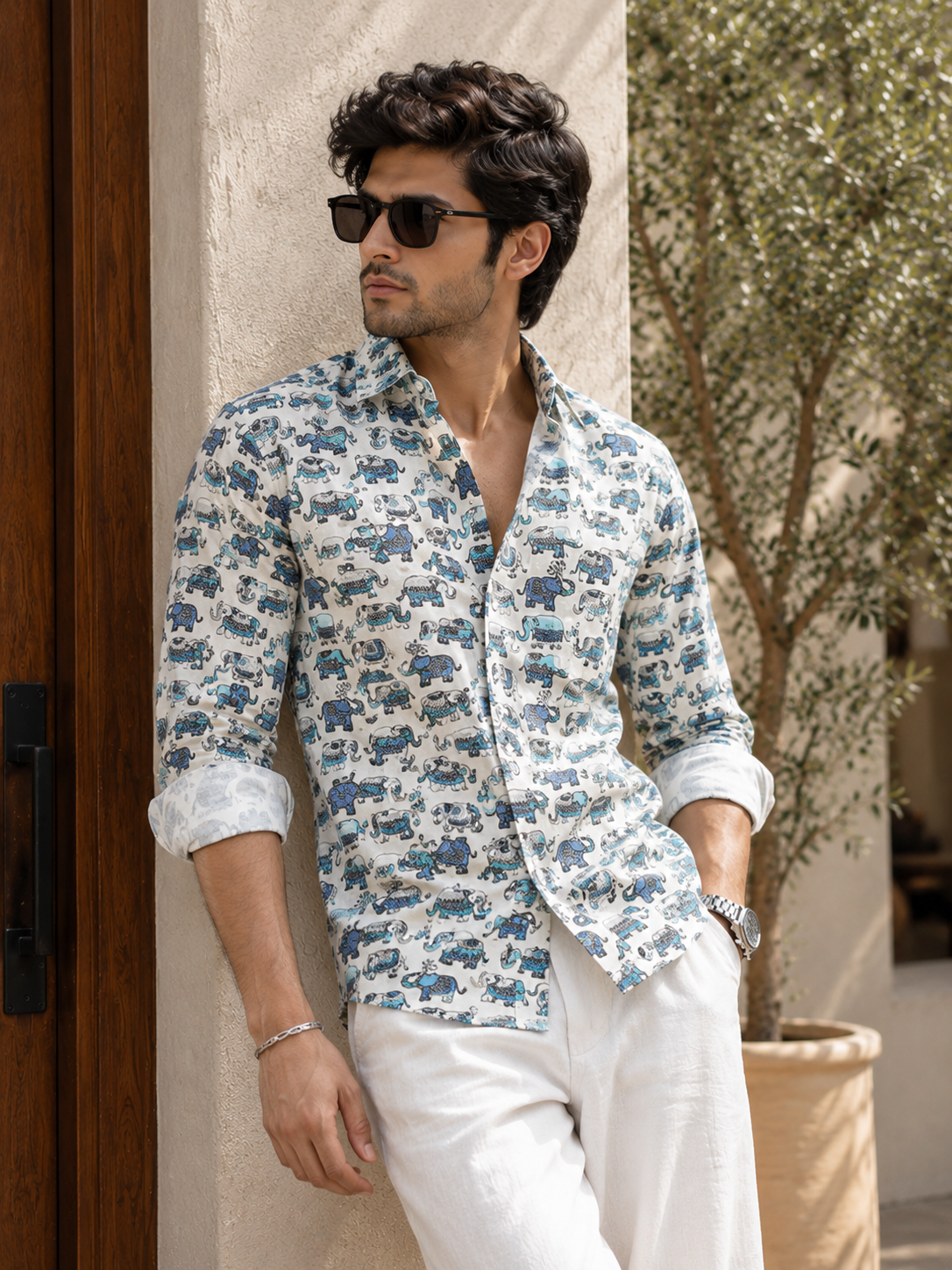 Full Sleeve Hand Block  Elephant Printed Mens Cotton Shirt (Blue)