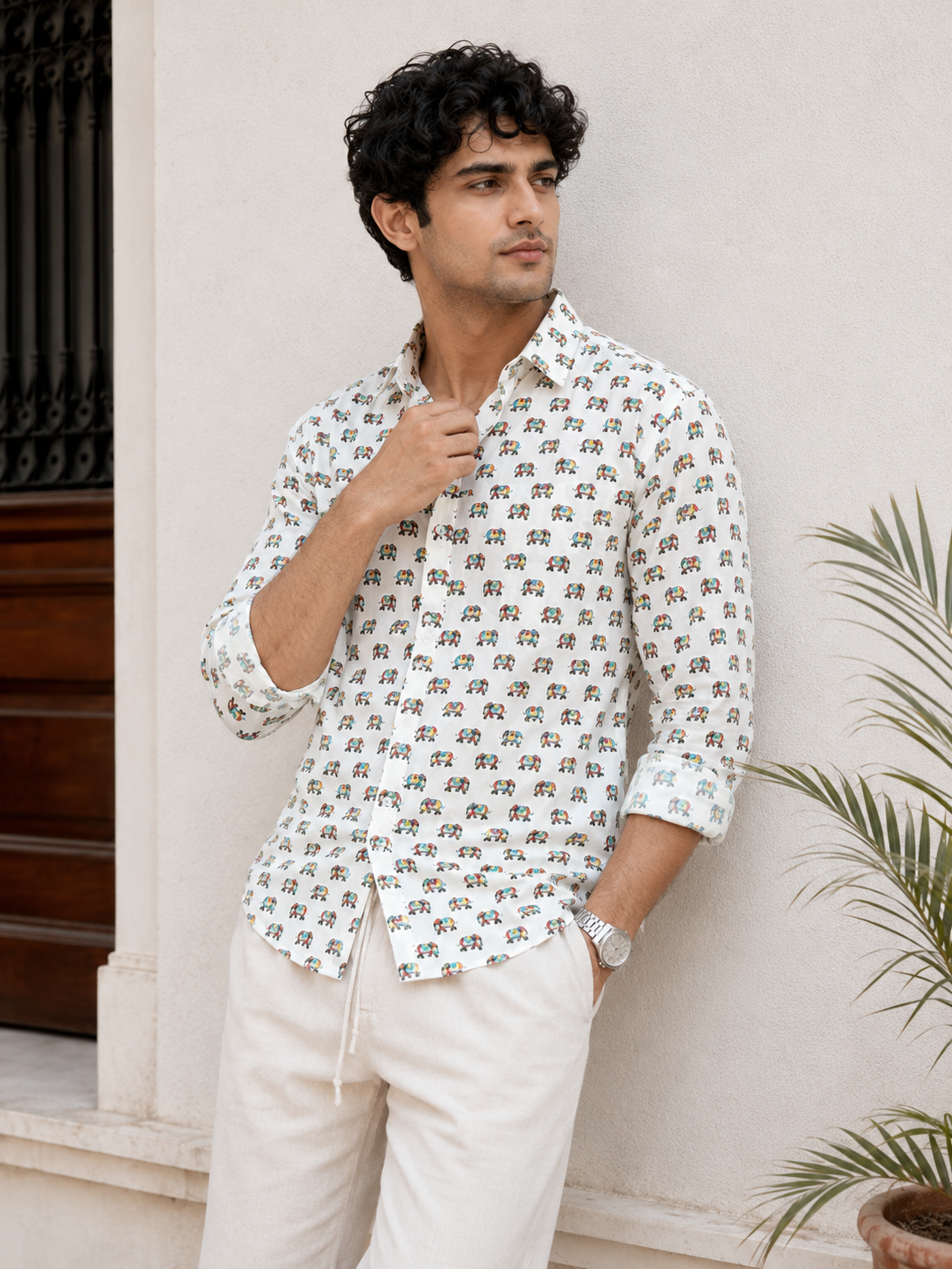 Full Sleeve Hand Block Animal Printed Mens Shirt  (Off White)