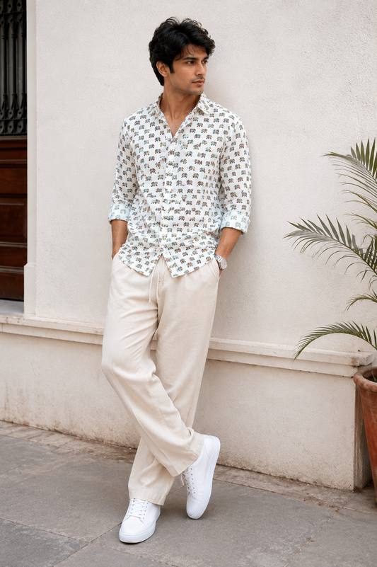 Full Sleeve Hand Block Animal Printed Mens Shirt  (Off White)