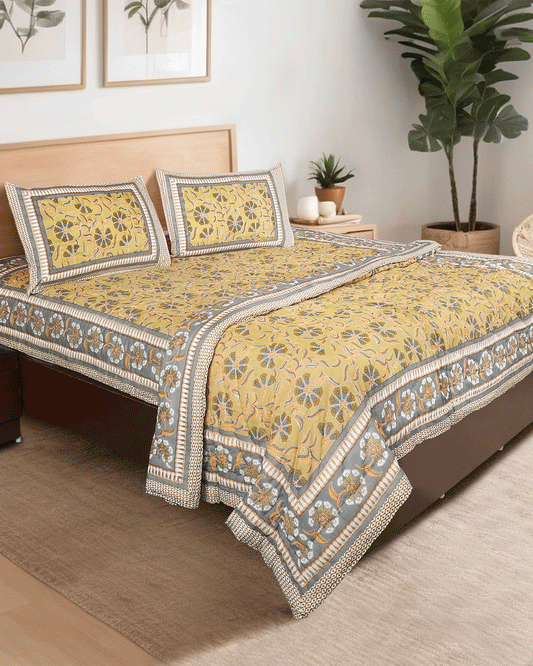 Mustard Hand Block Reversible Double Bed Hand Quilting Quilt Set