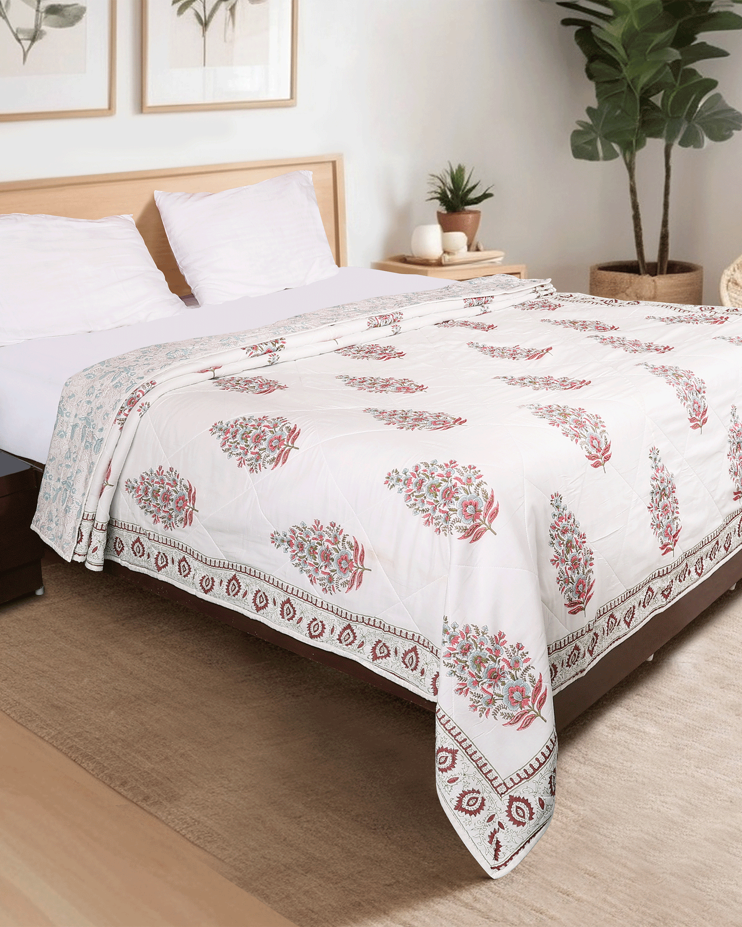 White Hand Block Printed Reversible Double Bed Quilt