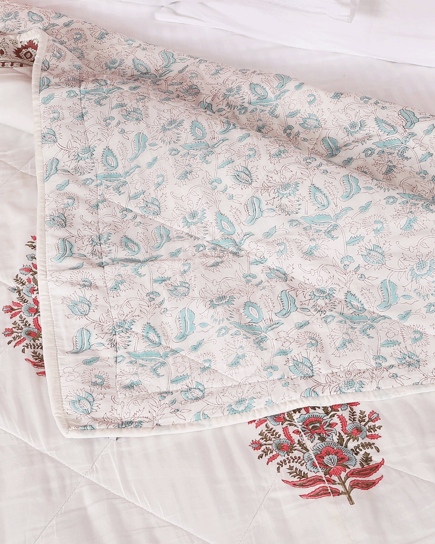 White Hand Block Printed Reversible Double Bed Quilt