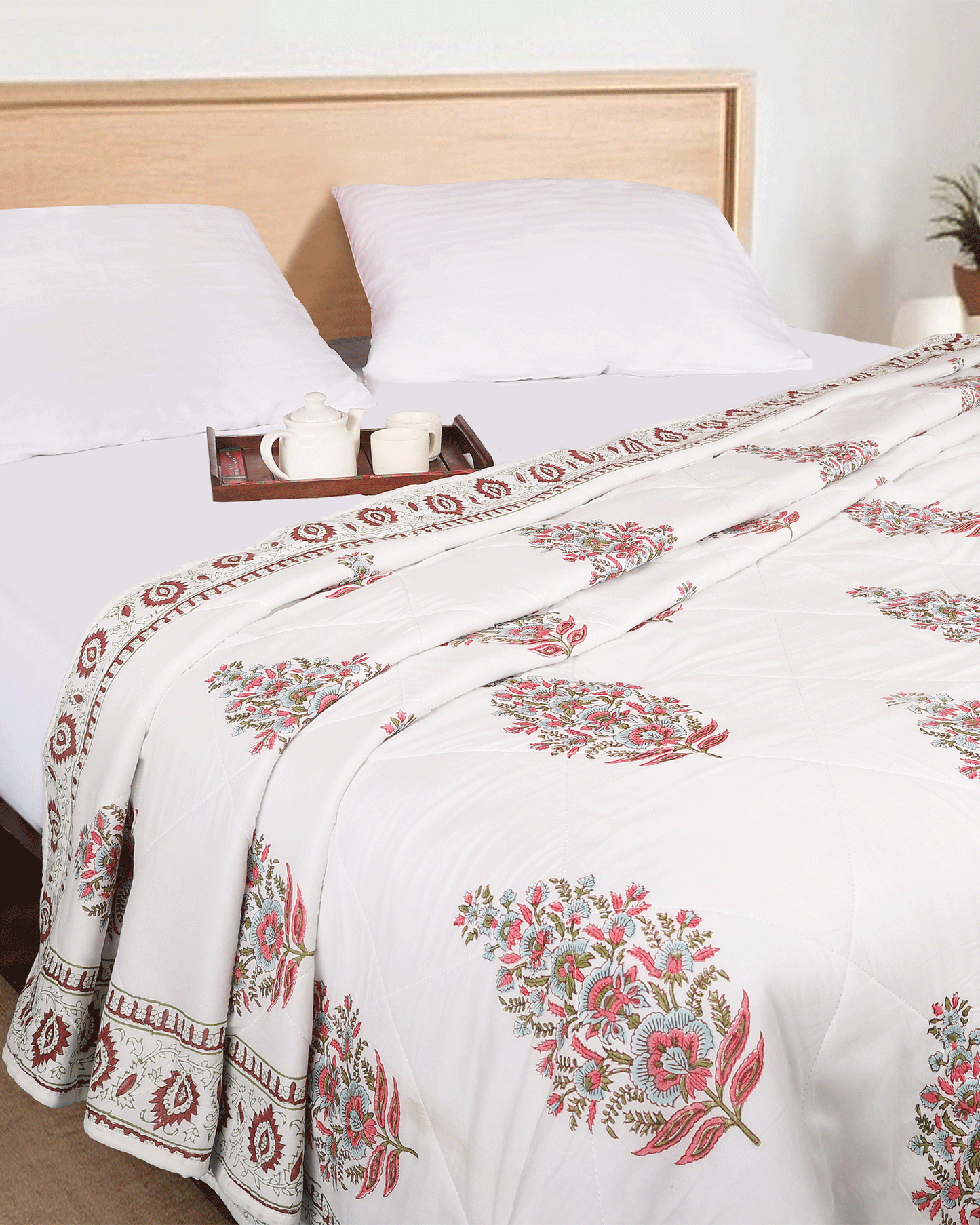 White Hand Block Printed Reversible Double Bed Quilt