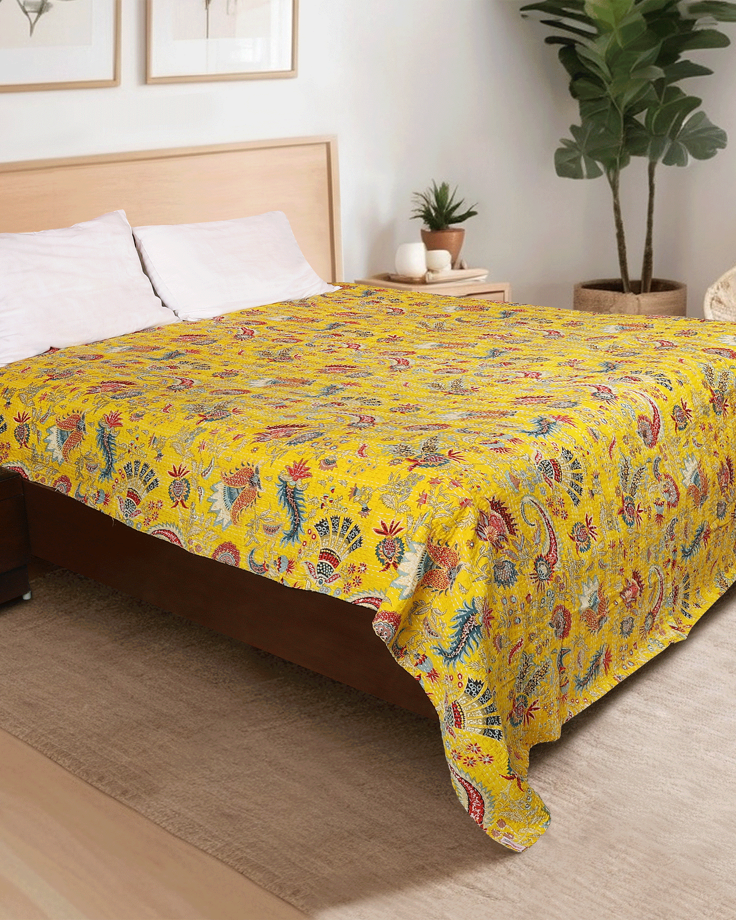 Yellow Hand Block Printed Reversible Double Bed Dohar/Bed Cover