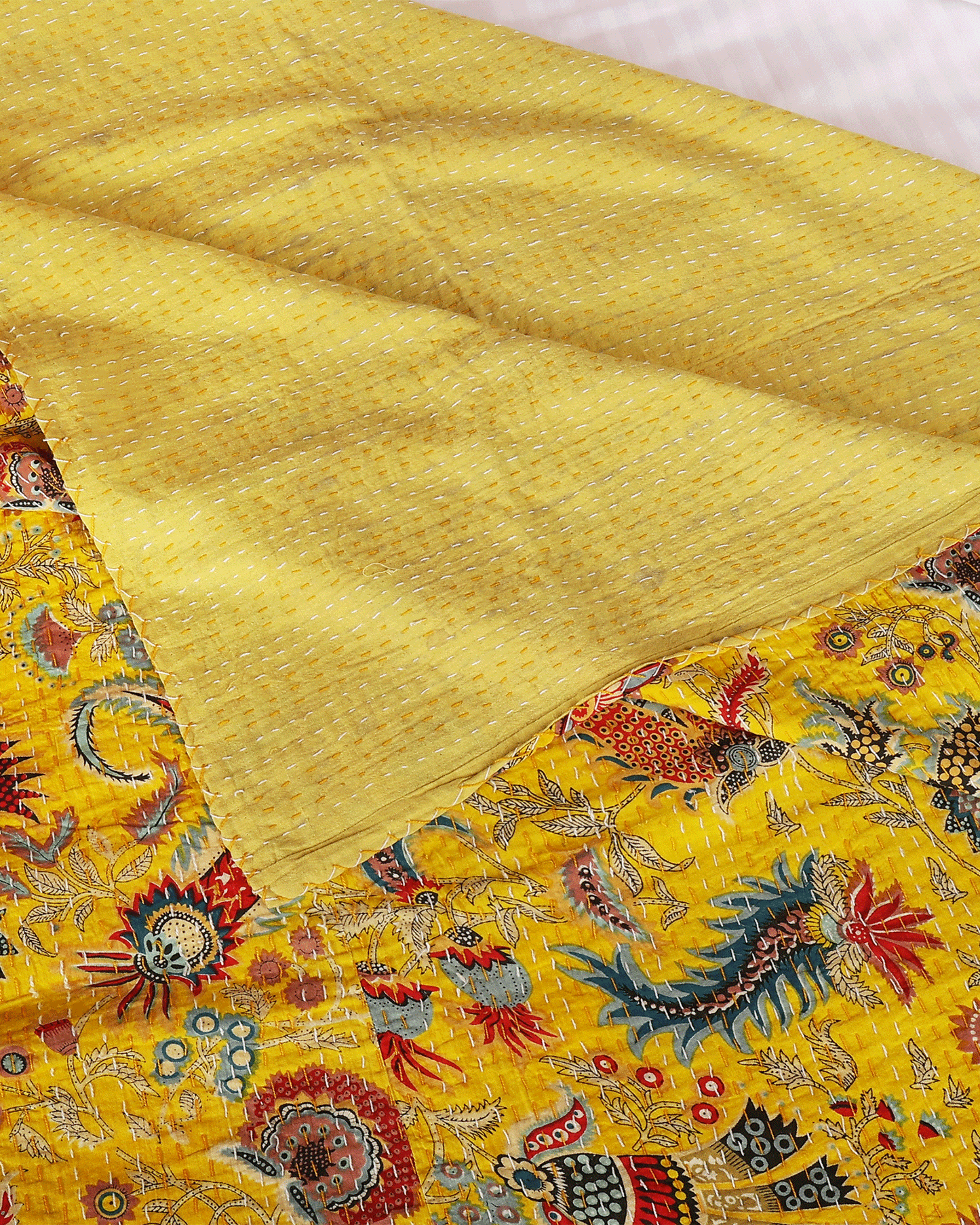 Yellow Hand Block Printed Reversible Double Bed Dohar/Bed Cover