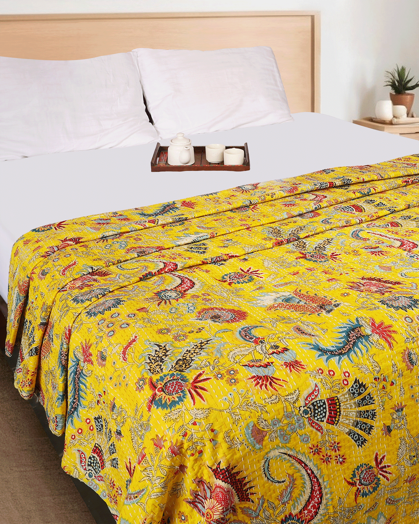 Yellow Hand Block Printed Reversible Double Bed Dohar/Bed Cover