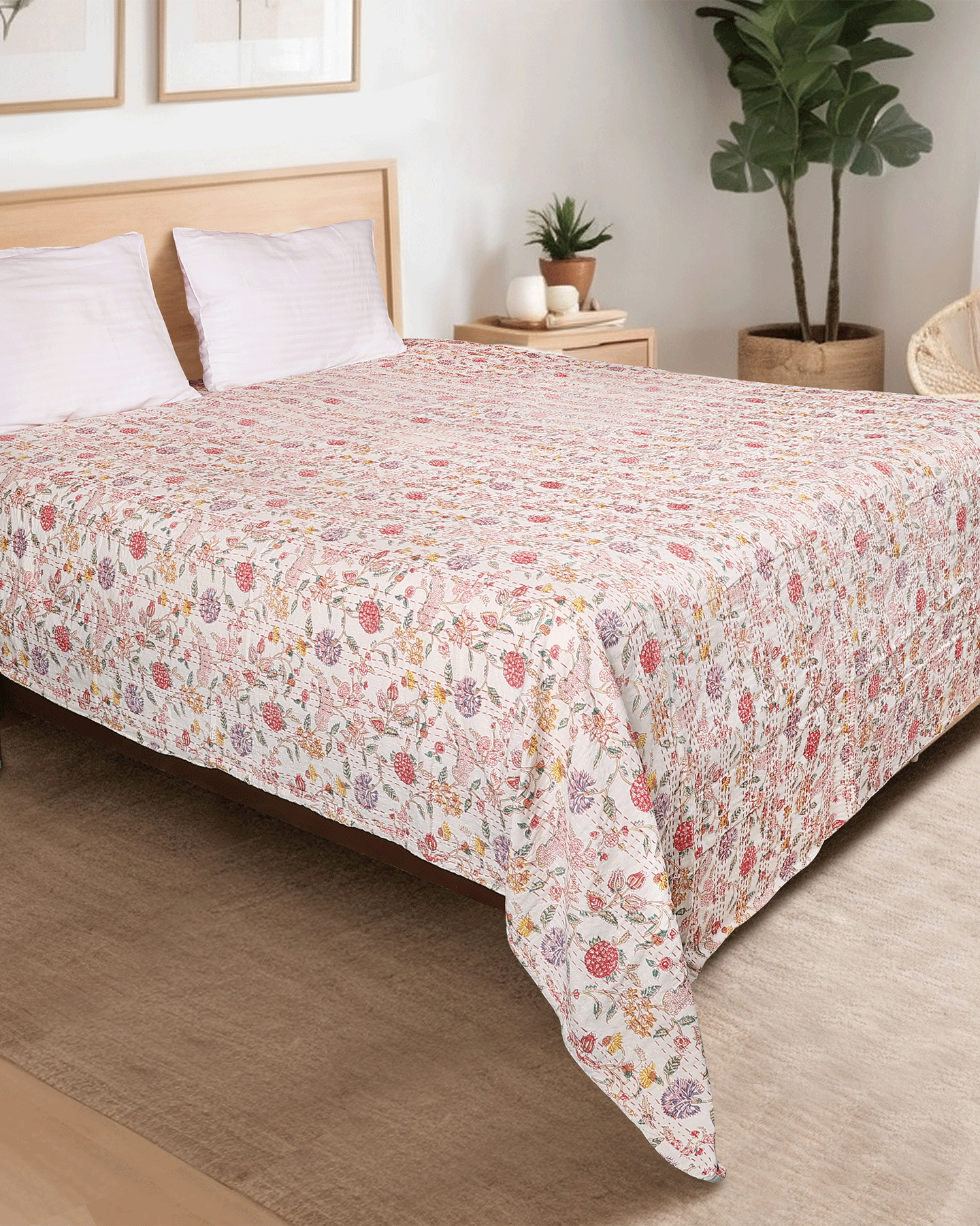 White Hand Block Printed Double Bed Dohar/Bed Cover