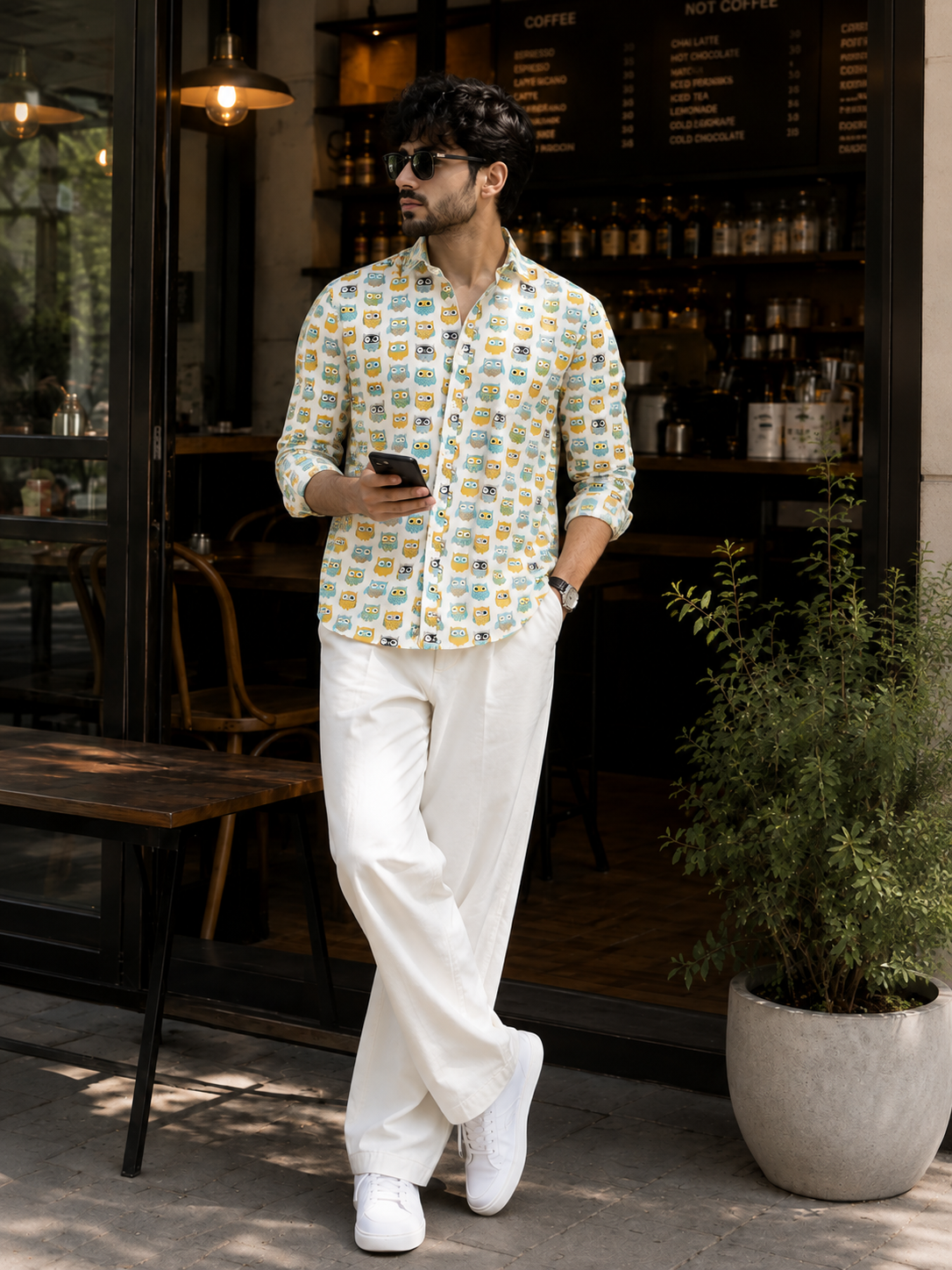 Full Sleeve Hand Block Owl Printed Mens Cotton Shirt (White)