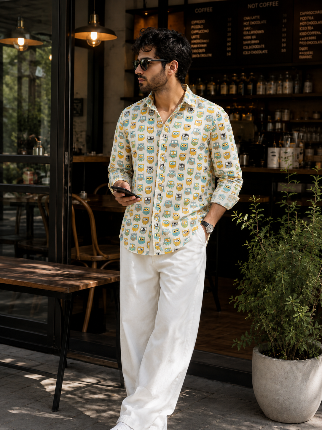 Full Sleeve Hand Block Owl Printed Mens Cotton Shirt (White)