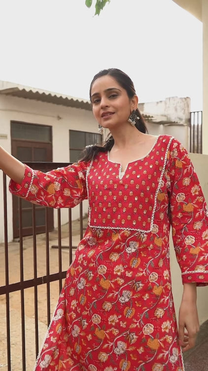 Red Cotton Kurta with Mirror Embroidery at Yoke