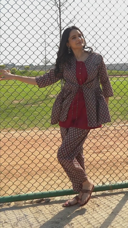 Hand Block Printed Women Cotton Jacket Top Pant Set (Red)