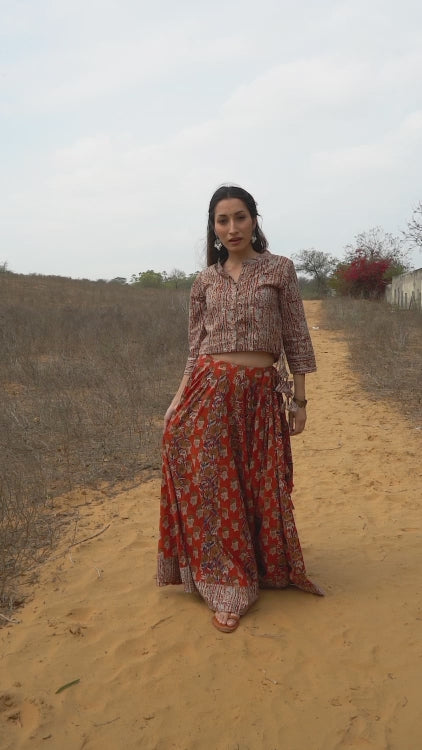 Red Kalamkari Print Cotton Skirt and Top Set