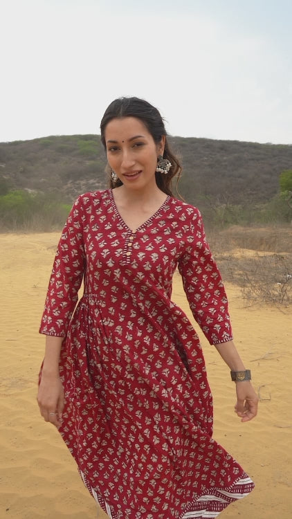 Red Hand Block Bagru Print Anarkali Kurta