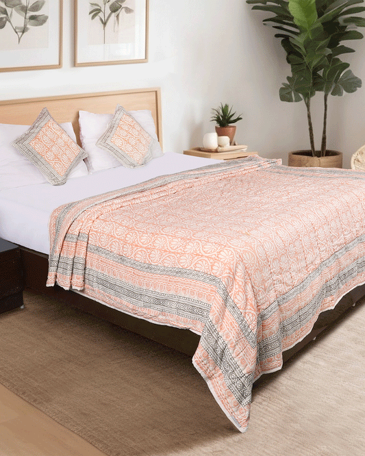 Orange Hand Block Printed Reversible Double Bed Hand Quilting Quilt Set