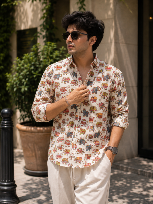 Full Sleeve Hand Block Elephant Printed Mens Cotton Shirt (White)