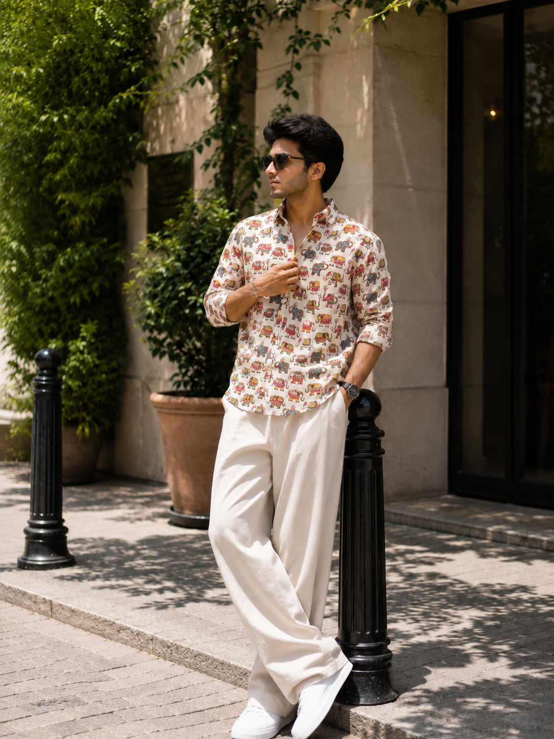 Full Sleeve Hand Block Elephant Printed Mens Cotton Shirt (White)